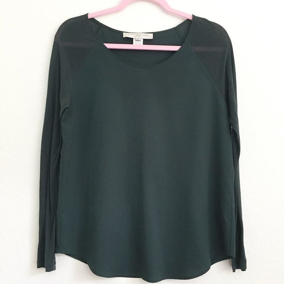 French Connection Sheer Sleeves Blouse Crew Neck Size M Green Stretch - Picture 1 of 12